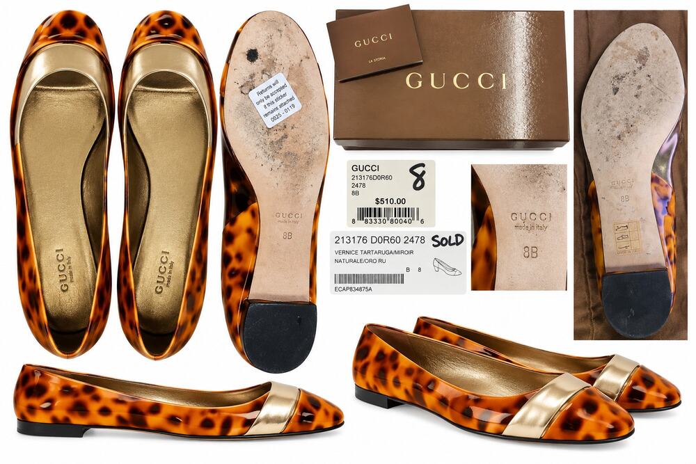 Gucci Tortoiseshell Patent Leather Vintage Peep Toe Ballet Flats Gold Size 8B